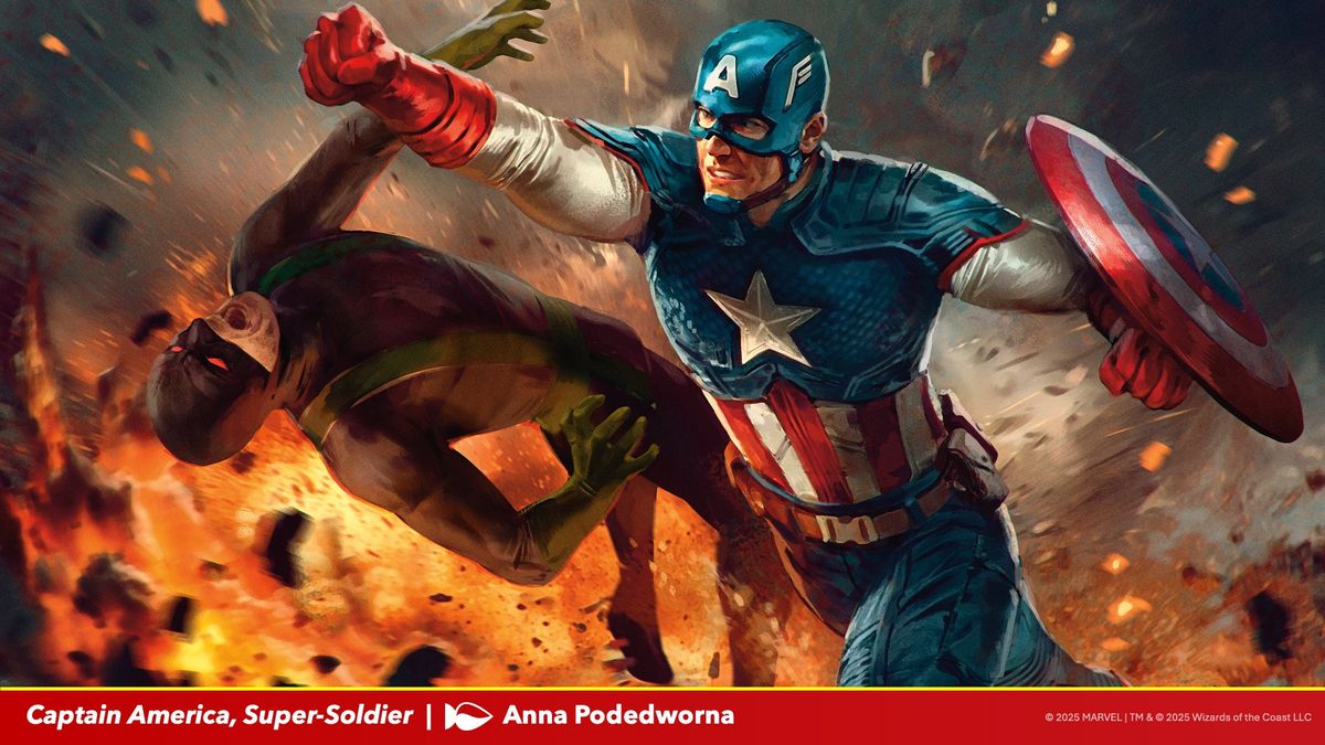 MTG Marvel Super Heroes artwork featuring Captain America punching a villain