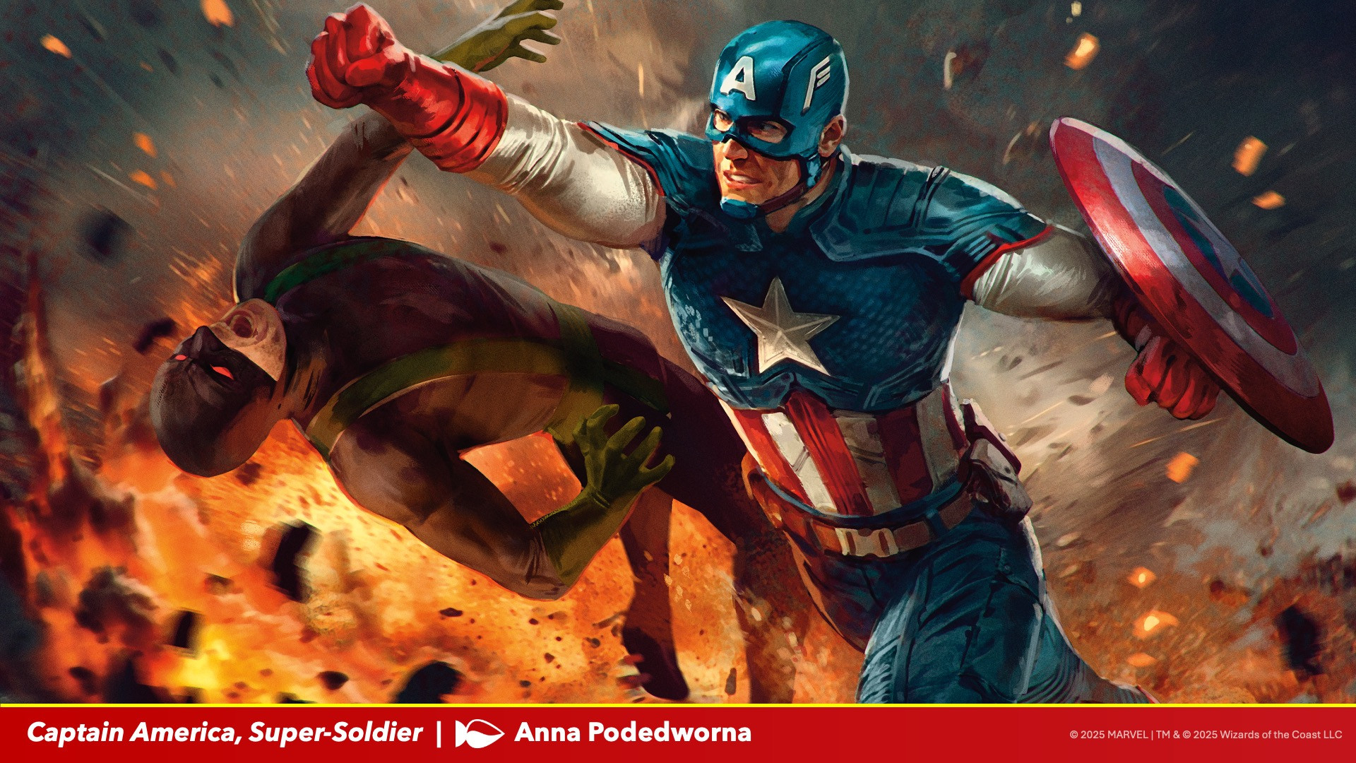 MTG Marvel Super Heroes artwork featuring Captain America punching a villain