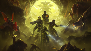 A squad of Helldivers in Helldivers 2 heroically face down a nest full of insect Terminids.