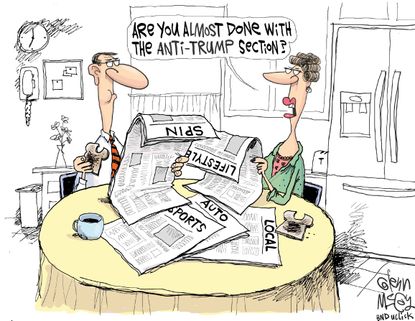 Political cartoon U.S. 2016 election Donald Trump negative media