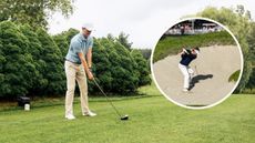 A player preparing to hit a tee shot and an inset image of Keith Mitchell hitting a fairway bunker shot