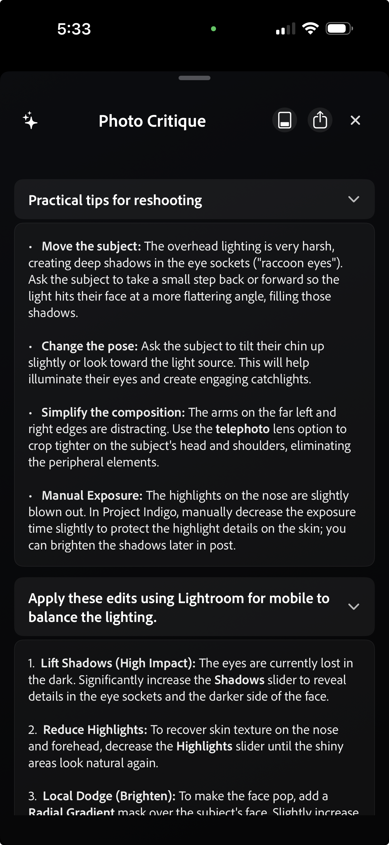 Adobe Project Indigo Photo Critique screen showing reshooting advice and suggested Lightroom edits for a portrait.