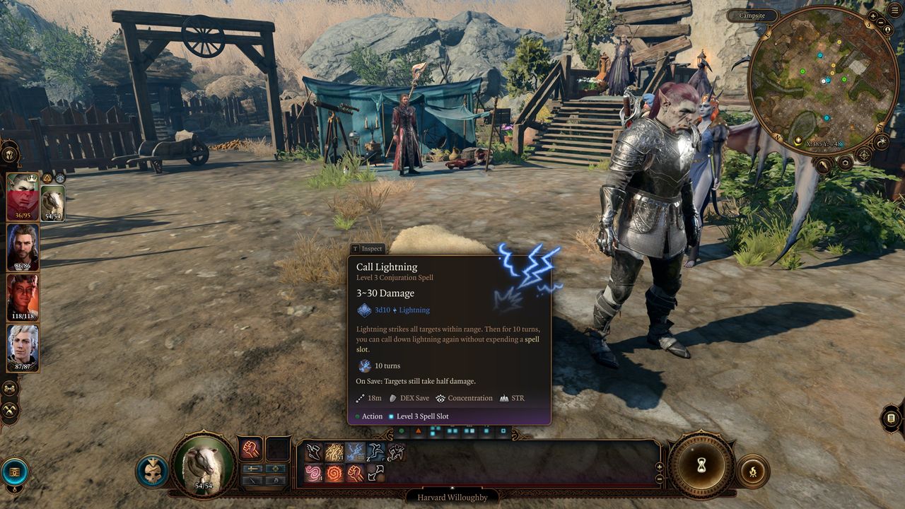 Image of BG3 sheep Harvard Willoughby with tooltip for his Call Lightning spell highlighted