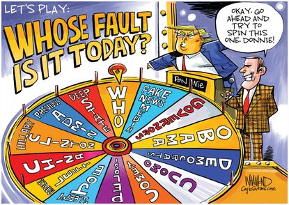 Political Cartoon U.S. Wheel of Fortune Who will Trump blame