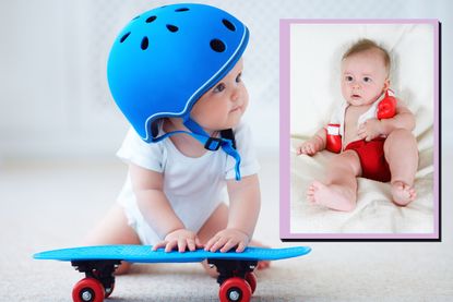 Baby with skate board and drop in image of baby with boxing gloves