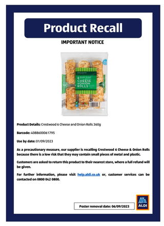 Aldi cheese and onion roll recall notice