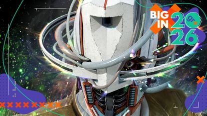 Key art showing Romeo from Romeo is a Dead Man wearing a robotic helmet