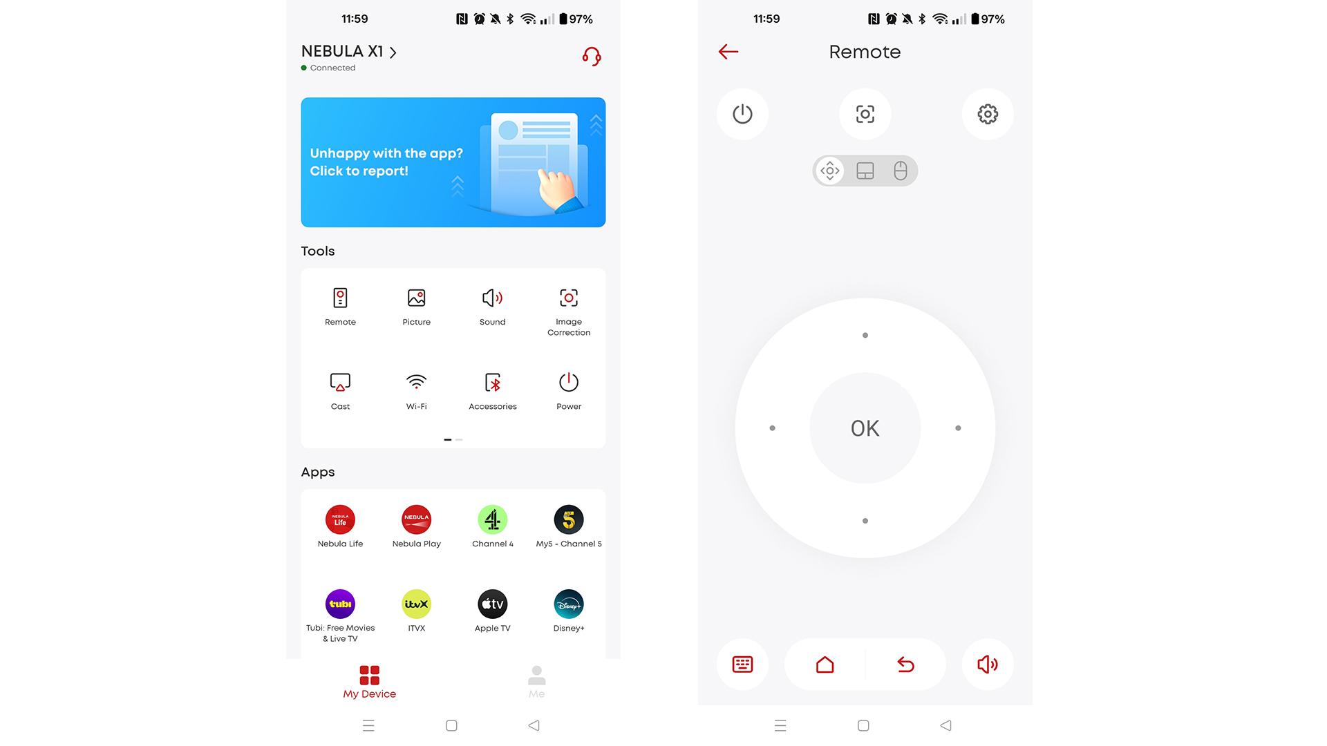 Nebula X1 home cinema projector app on two smartphone screens