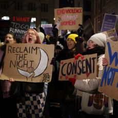 Women carry placards during the London Reclaim the Night! Women in protest at rape and all forms of male violence against women.
