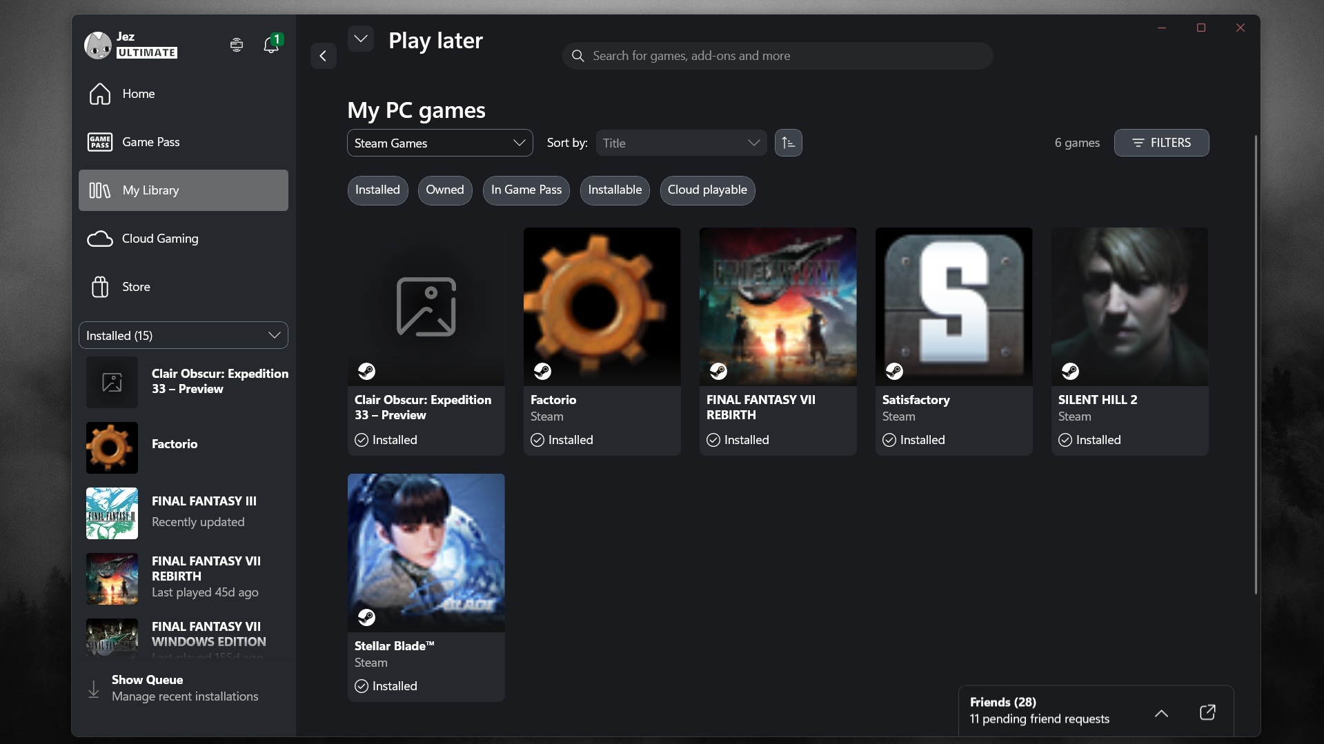 A screenshot of the Xbox PC app showing Steam games