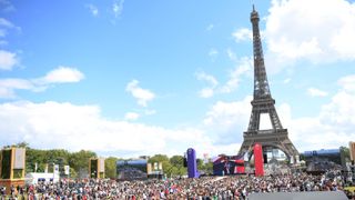 The Eiffel Tower during the 2020 Olympic closing ceremony's handover segment.