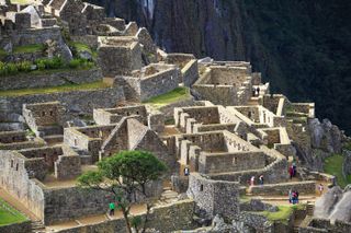 Impressive stonework remains at the ancient Inca city of Machu Picchu, Peru.