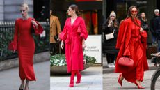 three women wearing red in street style pictures