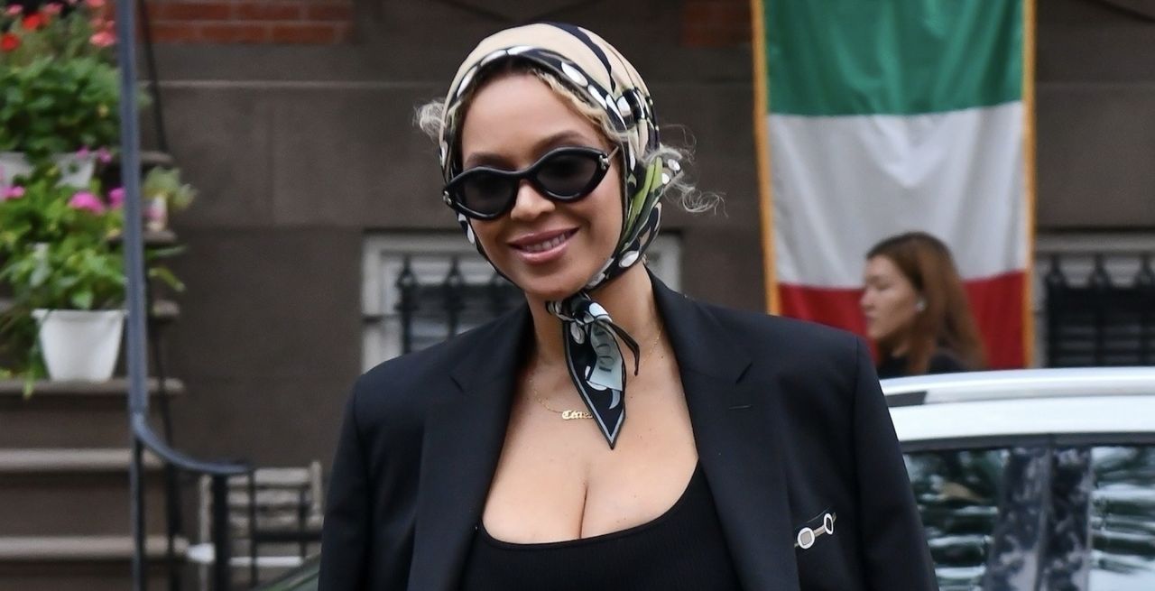 beyonce wears mixed print trousers and a scarf while out in brooklyn with jay z