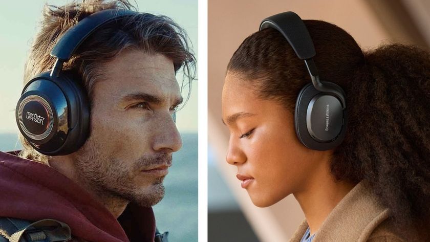 A composite image of two people wearing headphones made by Mark Levinson and Bowers &amp; Wilkins.