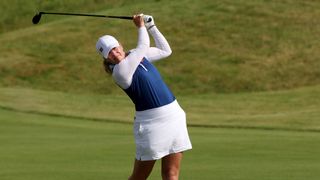 Celine Borge takes a shot during the women's Olympics golf tournament at Le Golf National