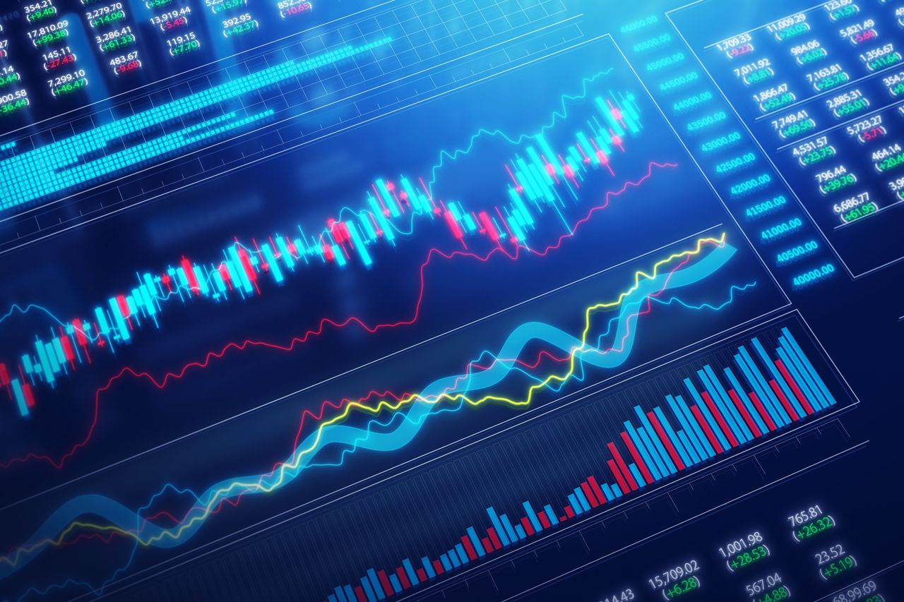 closeup of stock chart with volume bars and green and red price bars