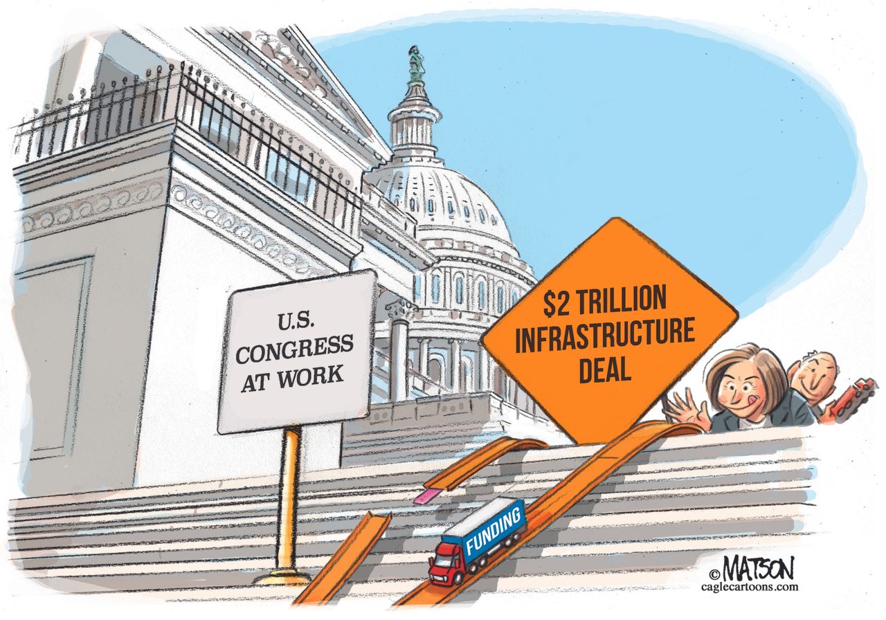 Political Cartoon U.S. Congress two trillion infrastructure Nancy Pelosi 2020 election