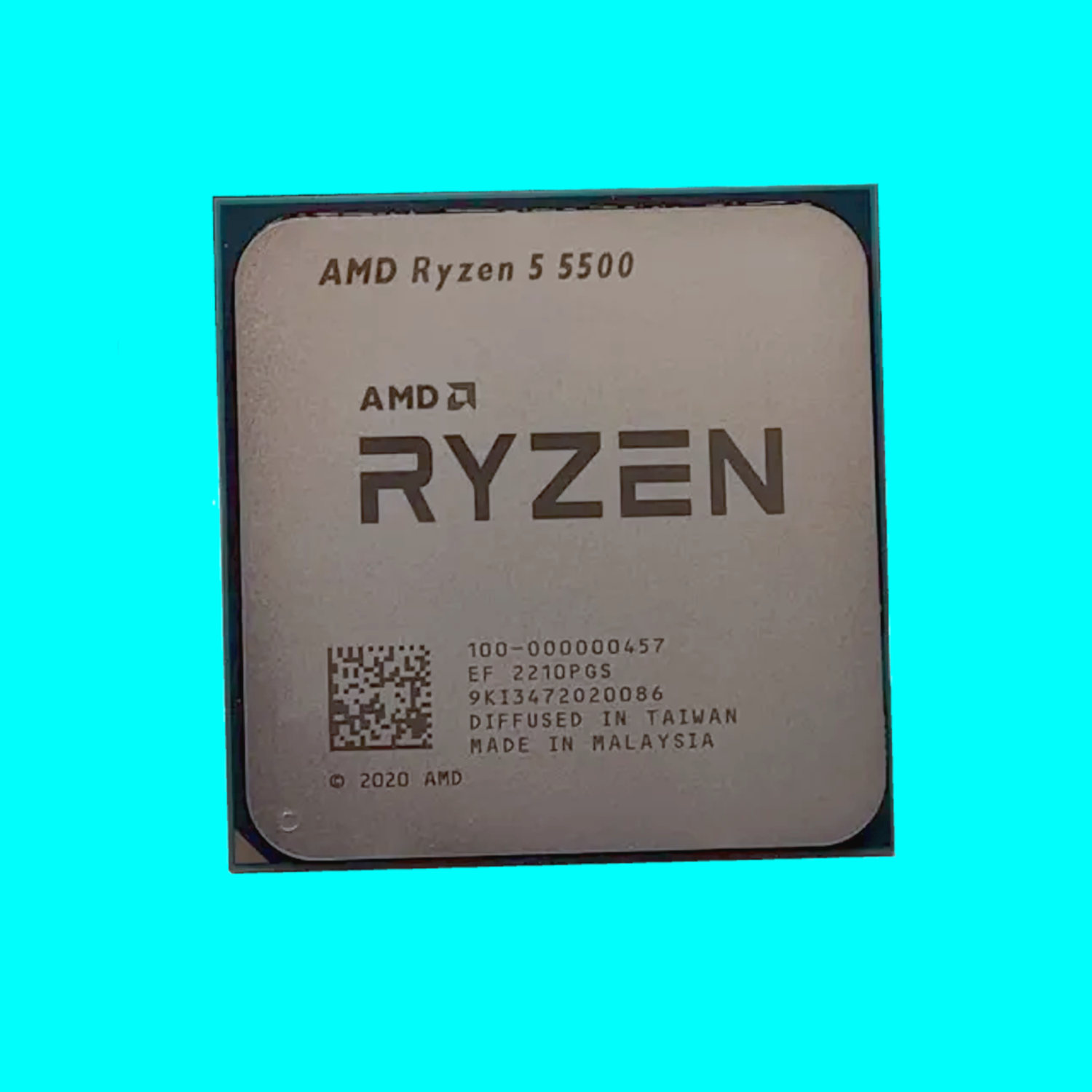 A photo of an AMD Ryzen 5 5500 processor against a light blue background