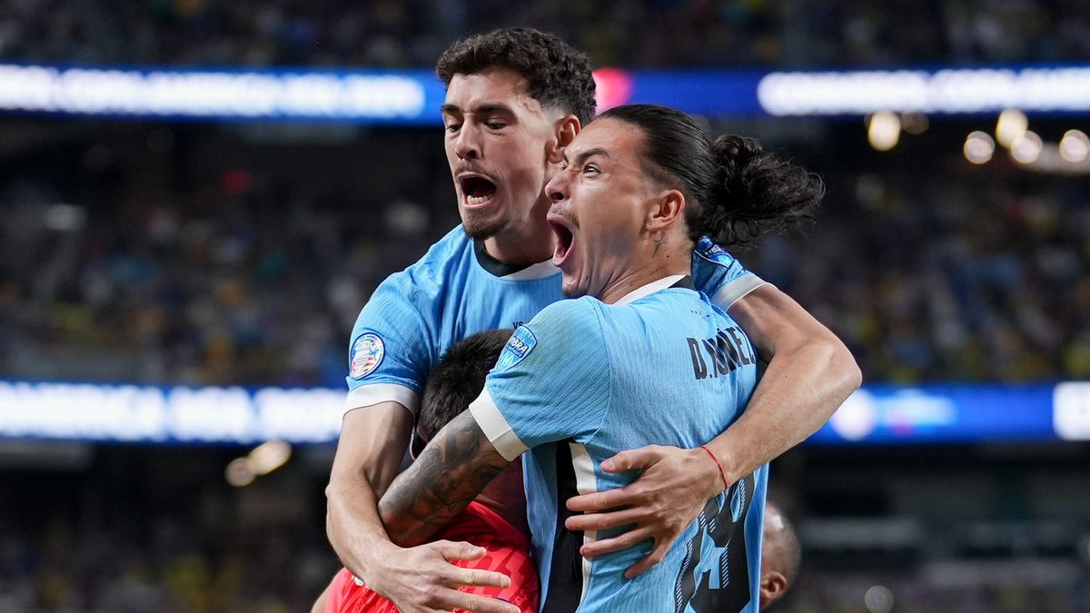 Sergio Rochet GK #1 of Uruguay and team celebrating their victory over Brazil ahead of the Uruguay vs Colombia Copa America 2024 semi-final