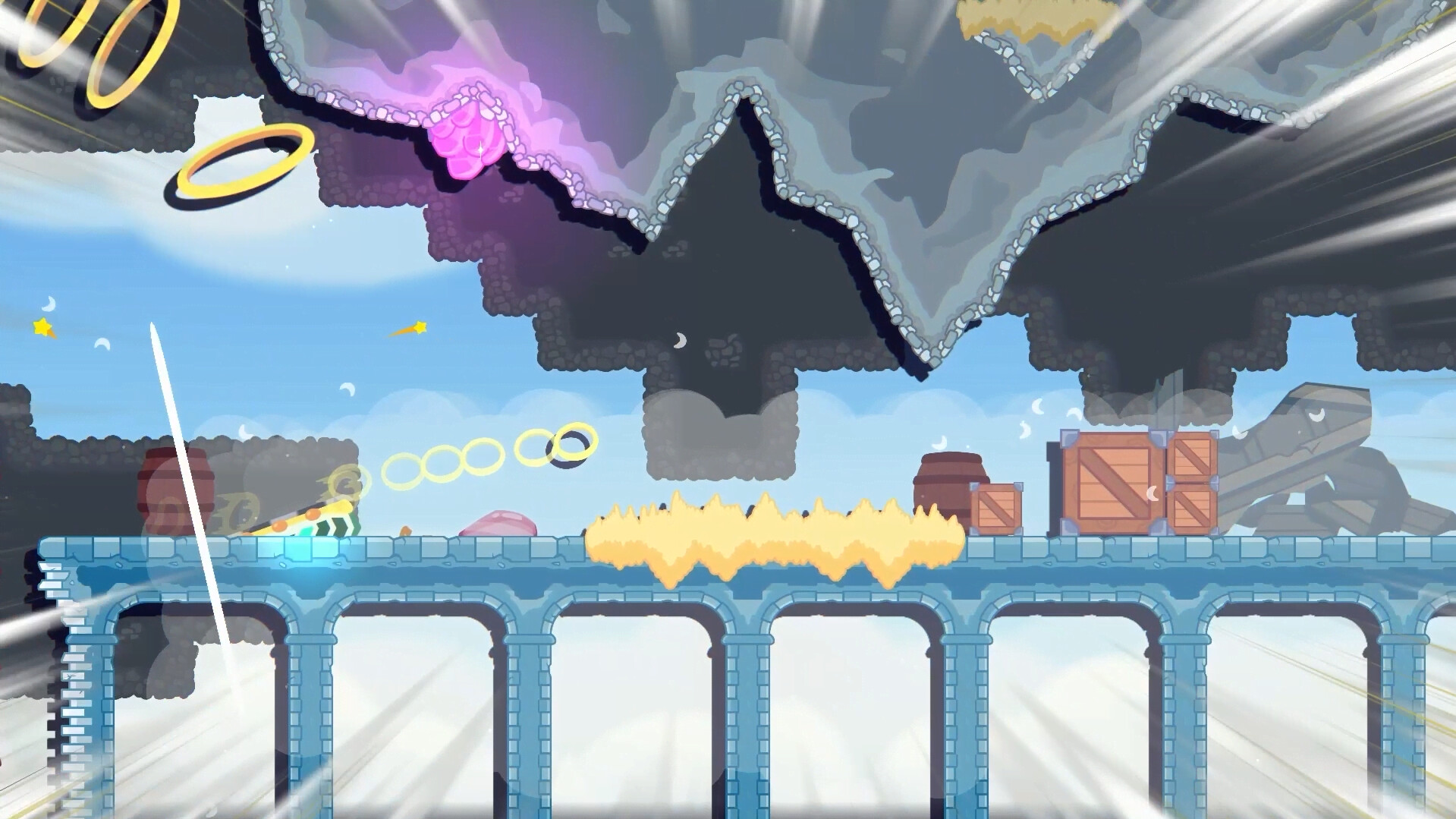 A ring flies fiercely through a level in Aureole - Wings of Hope.