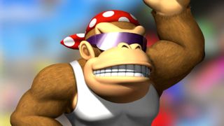 The Mario Kart Wii version of Funky Kong in front of a blurred background