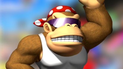 The Mario Kart Wii version of Funky Kong in front of a blurred background