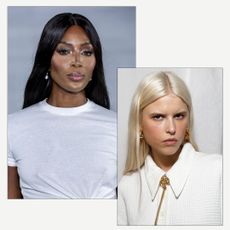 Spring Summer 2025 Fashion Month beauty looks on Naomi Campbell at Ralph Lauren and a model at Tibi