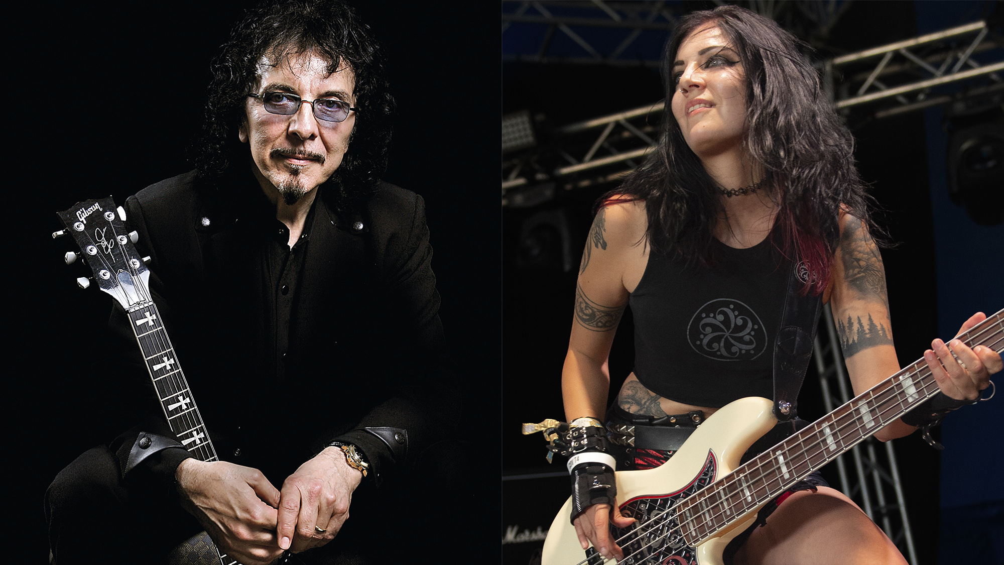 LEFT: Tony Iommi, April 7, 2009. RIGHT: Becky Baldwin of Fury performs live on stage at Bloodstock Festival 2021 at Catton Hall on August 12, 2021 in Burton Upon Trent, England. 