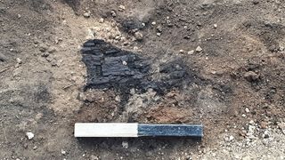 Remains of a sooty wooden beam; evidence of the burning of the site.