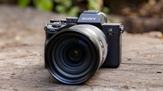 Et kamera av typen Sony A7R IV med et 24-70 mm-objektiv liggende på en trestubbe