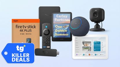 Amazon products on blue gradient background with tom's guide deal badge