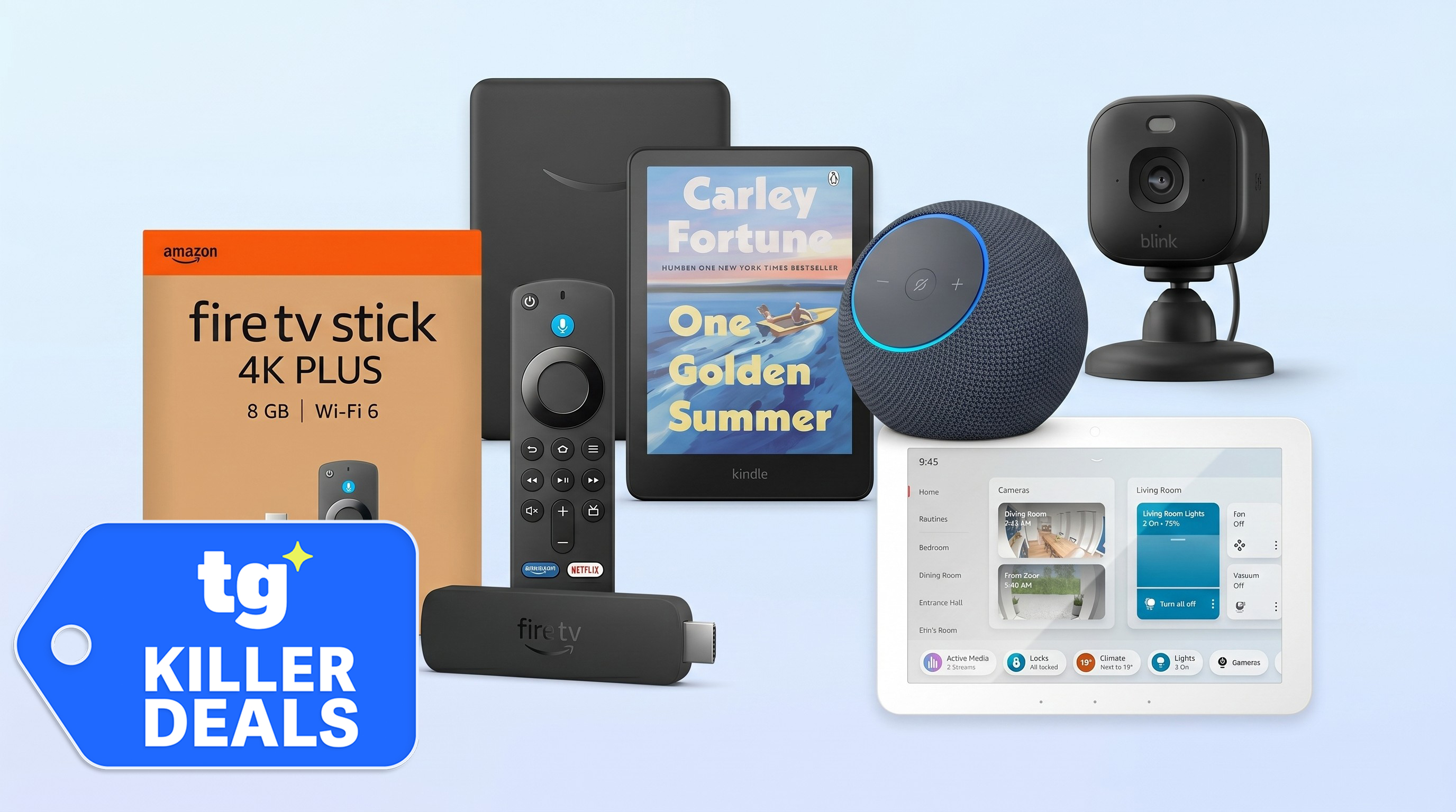 Amazon products on blue gradient background with tom's guide deal badge