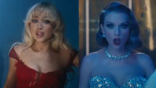 Sabrina Carpenter in a red dress in Please Please Please music video next to Taylor Swift in a bedazzled dress in Bejeweled music video.