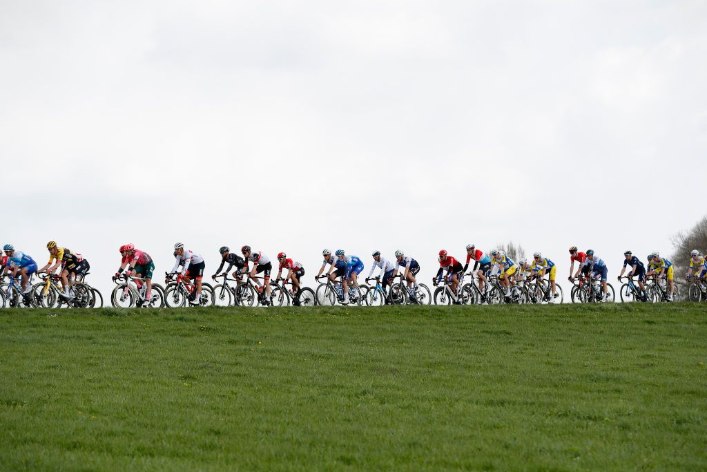 VALKENBURG NETHERLANDS APRIL 10 A general view of the peloton competing during the 56th Amstel Gold Race 2022 Mens Elite a 2541km one day race from Maastricht to Valkenburg AGR2022 WorldTour on April 10 2022 in Valkenburg Netherlands Photo by Bas CzerwinskiGetty Images