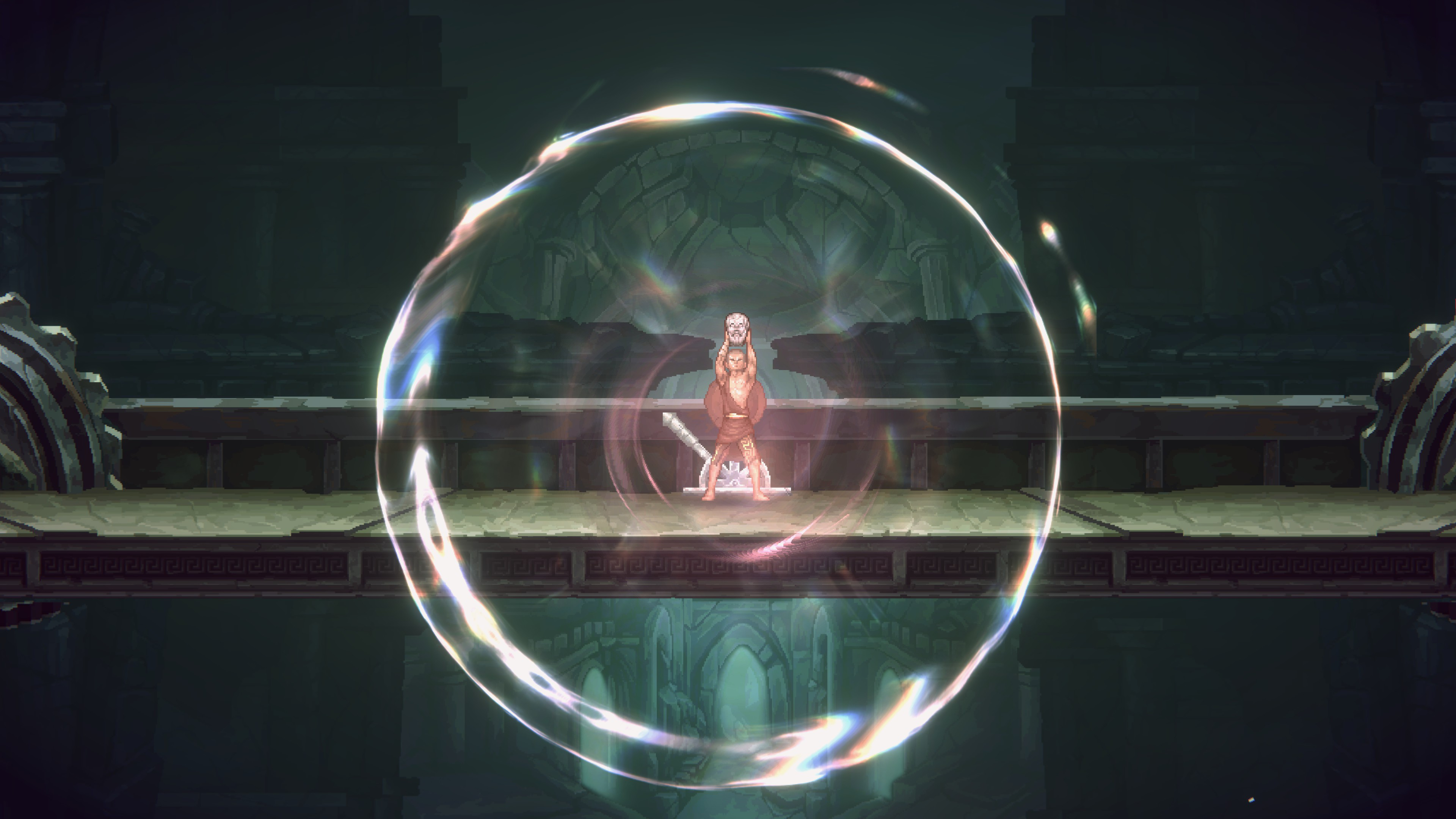 A screenshot from God of War Sons of Sparta showing young Kratos holding up a head