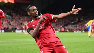 Alexander Isak of Liverpool celebrates scoring his team's first goal during the Carabao Cup Third Round match between Liverpool and Southampton at Anfield on September 23, 2025 in Liverpool, England. 