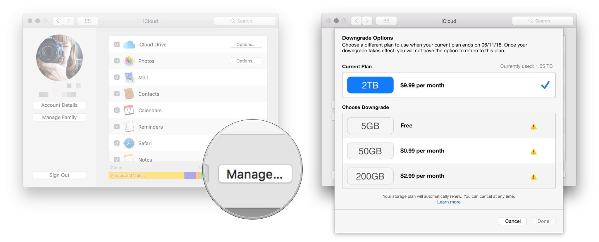 How to buy more iCloud storage on Mac by showing steps: Click Manage, click Change Storage Plan, choose a new plan