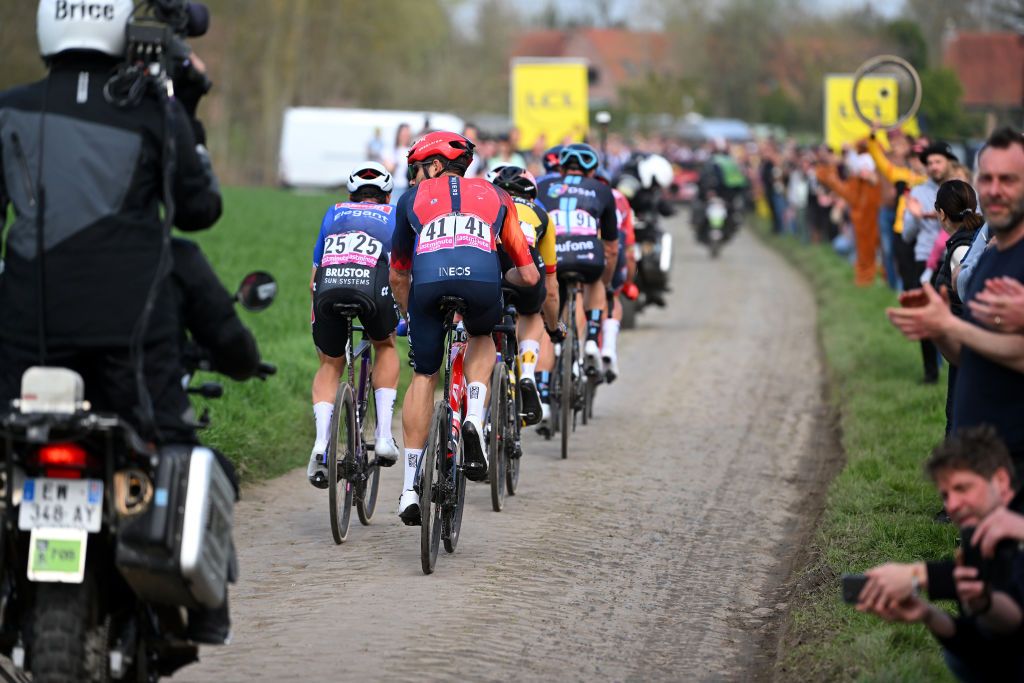 ROUBAIX FRANCE APRIL 09 Filippo Ganna of Italy and Team INEOS Grenadiers competes in the breakaway during the 120th ParisRoubaix 2023 Mens Elite a 2566km one day race from Compigne to Roubaix on UCIWT April 09 2023 in Roubaix France Photo by Luc ClaessenGetty Images