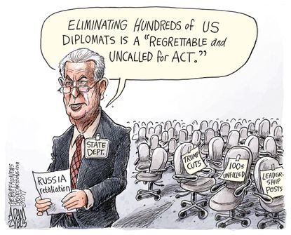 Political cartoon U.S. Rex Tillerson Russia sanctions Putin expels diplomats