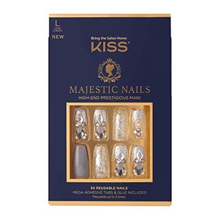 Kiss Majestic High-End Manicure Kit, Sparkle, Long Length Coffin Premium Fake Nails, Includes Nail Glue, Adhesive Tabs, File, Prep Pad, and 30 False Nails