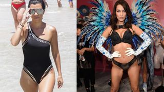 MIAMI, FL - JULY 04: Kourtney Kardashian is seen on the beach on July 4, 2016 in Miami, Florida and SHANGHAI, CHINA - NOVEMBER 20: Model Bella Hadid poses backstage during 2017 Victoria's Secret Fashion Show In Shanghai at Mercedes-Benz Arena on November 20, 2017 in Shanghai, China.