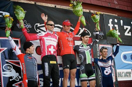 The elite men's podium (L-R): Andy Jacques-Maynes, 4th; Christian Heule, 2nd; Jonathan Page, 1st; Jamey Driscoll, 3rd; Chris Jones, 5th.