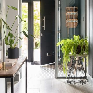 A hallway with an open door and two large houseplants