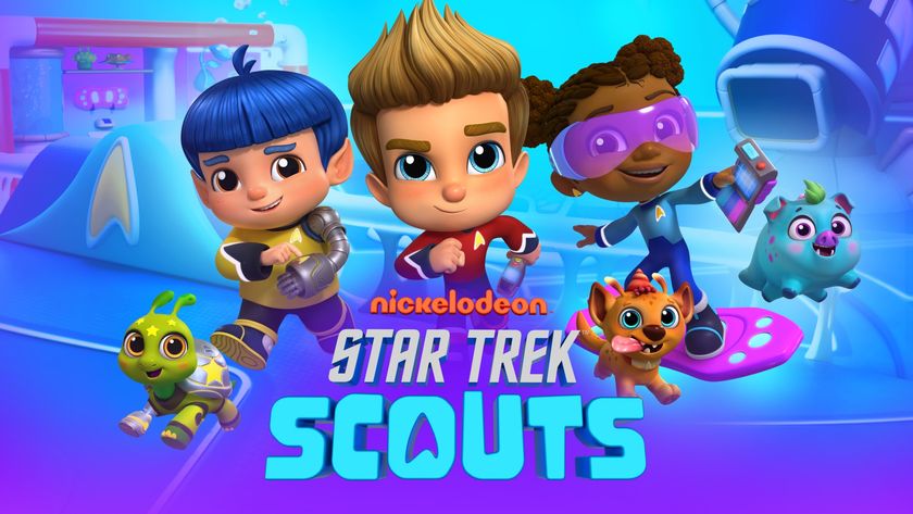 Poster for the children&#039;s TV show &quot;Star Trek Scouts&quot;. In a modern, animated style, there are 3 young toddlers dressed in sci-fi Star Trek uniforms racing forwards.