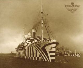 WWI troopship, SS Empress of Russia, painted in "dazzle" camouflage markings.