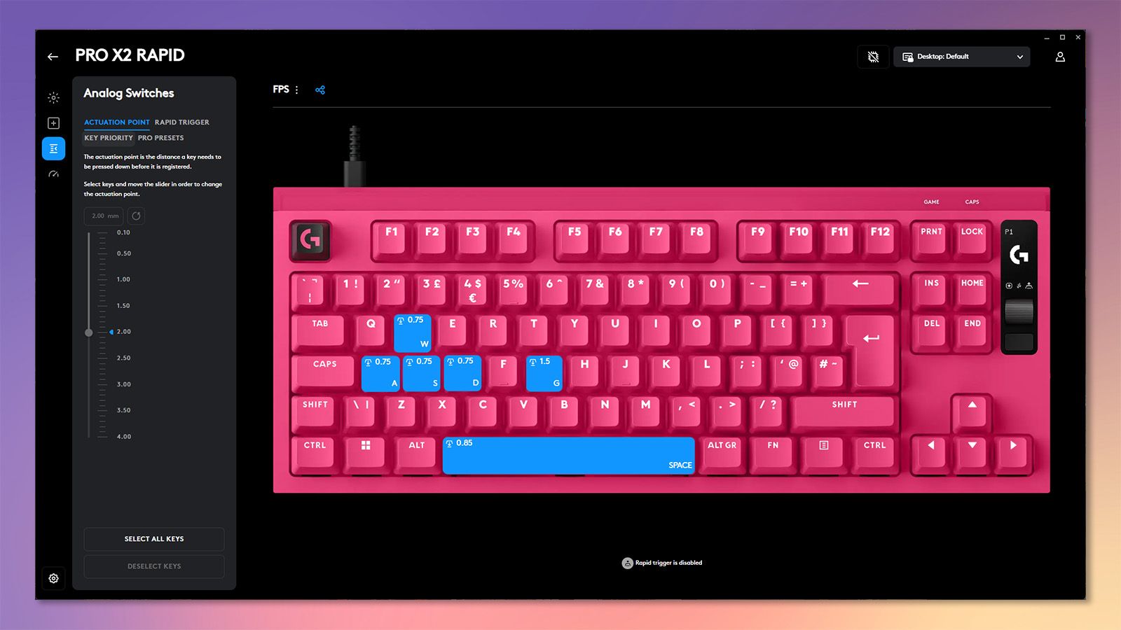 A screenshot showing the Logitech G Pro X2 Rapid keyboard being customized in Logitech's G Hub software.
