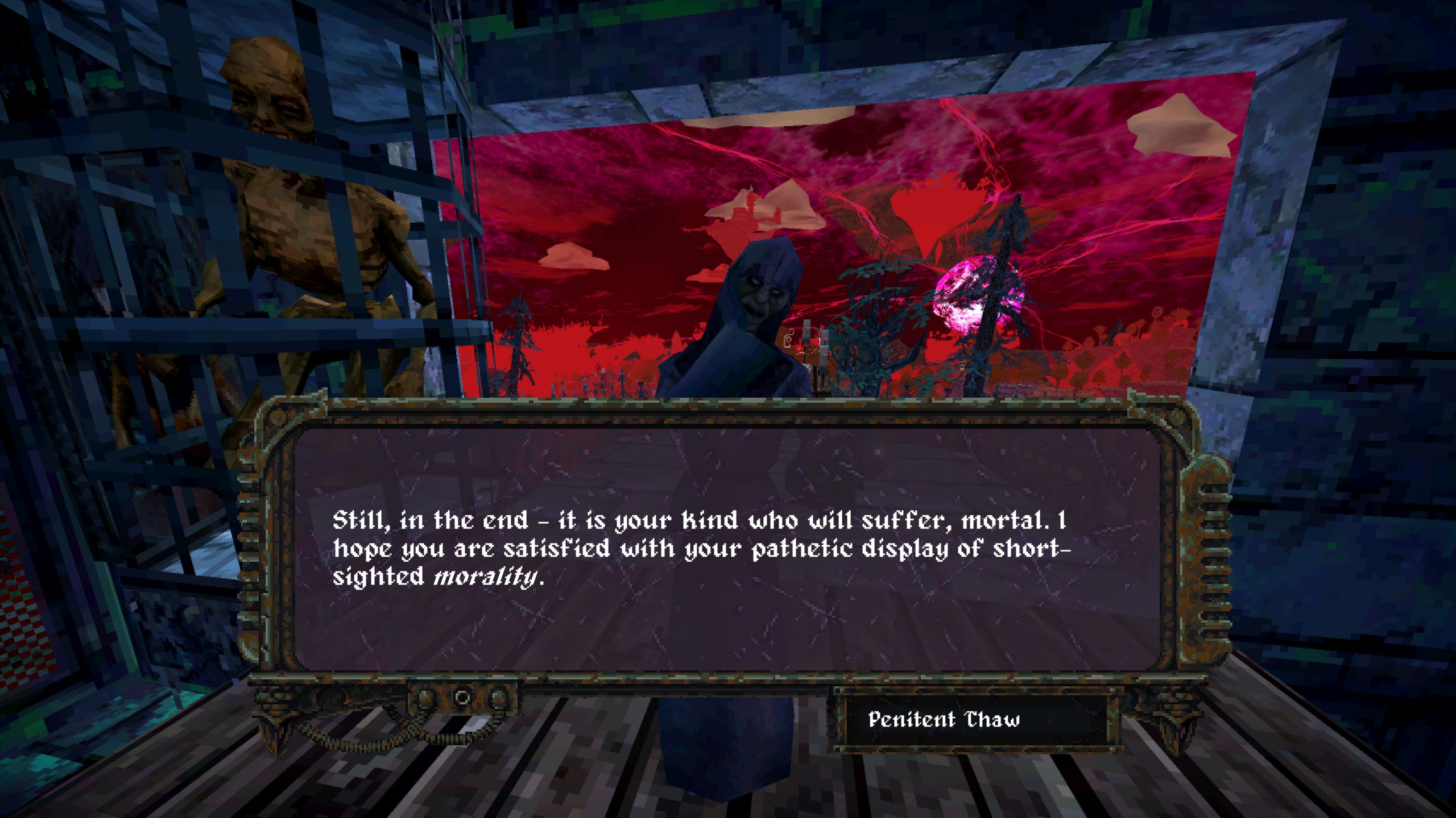 Penitent Thaw scolds player for sparing flesh farm in Dread Delusion