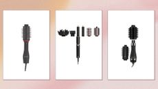 Collage of three of the best hot brushes featured in this guide from Revlon, Shark and Hot Tools