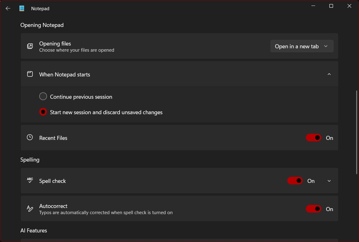 Notepad "start new session" setting.